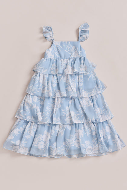 Kids Poppy Chiffon Floral Print Dress | Made To Order | Sky Blue Bouquet