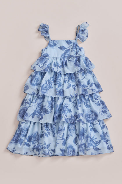 Kids Poppy Chiffon Floral Print Dress | Made To Order | Sky Blue Garden