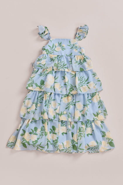 Kids Poppy Chiffon Floral Print Dress | Made To Order | Sky Blue Multi Bouquet