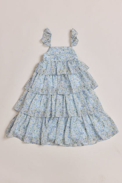 Kids Poppy Chiffon Floral Print Dress | Made To Order | Sky Blue Multi Posey