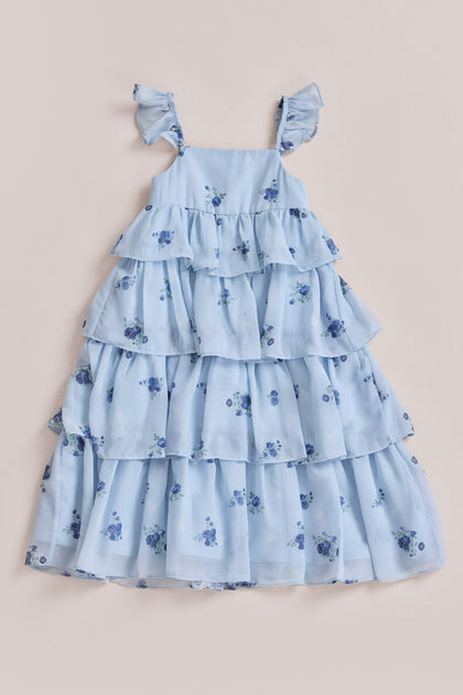 Kids Poppy Chiffon Floral Print Dress | Made To Order | Sky Blue Petit Rose