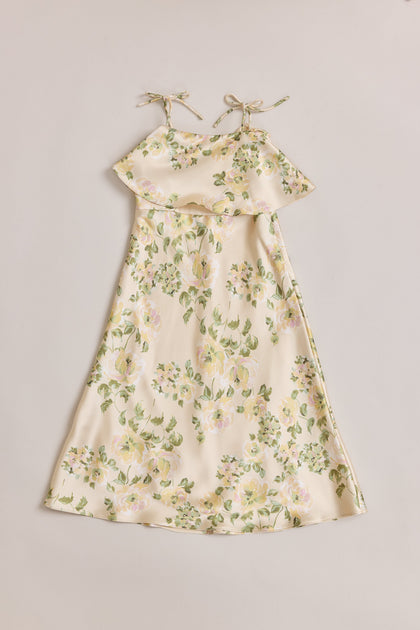 Kids Riley Convertible Satin Floral Print Dress | Made To Order | Pale Yellow Blossom