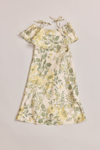 Kids Riley Convertible Satin Floral Print Dress | Made To Order | Pale Yellow Meadow Blooms