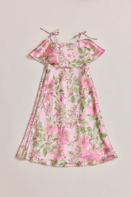 Kids Riley Convertible Satin Floral Print Dress | Made To Order | Perfect Pink Meadow Blooms
