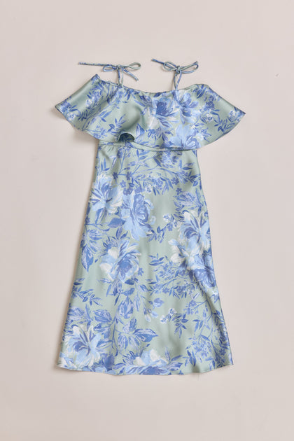 Kids Riley Convertible Satin Floral Print Dress | Made To Order | Sage and Sky Blue Meadow Blooms