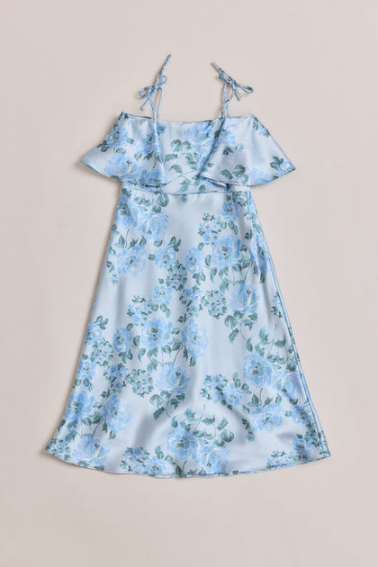 Kids Riley Convertible Satin Floral Print Dress | Made To Order | Sky Blue Blossom