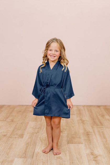Kids Getting Ready Satin Robe | Made To Order - Navy Blue