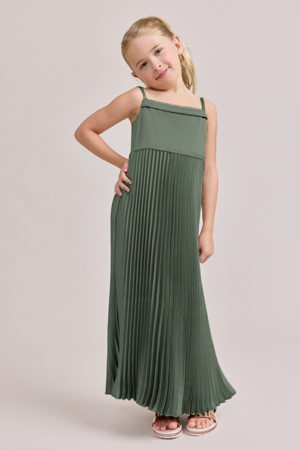 Kids Saylor Satin Pleated Dress | Made To Order | Deep Olive