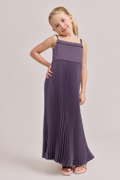 Kids Saylor Satin Pleated Dress | Made To Order | Eggplant
