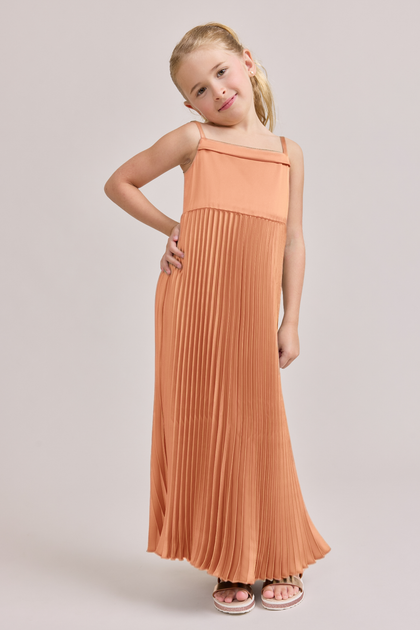 Kids Saylor Satin Pleated Dress | Made To Order | Tangerine