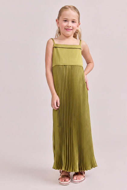 Kids Saylor Satin Pleated Dress | Made To Order | Chartreuse