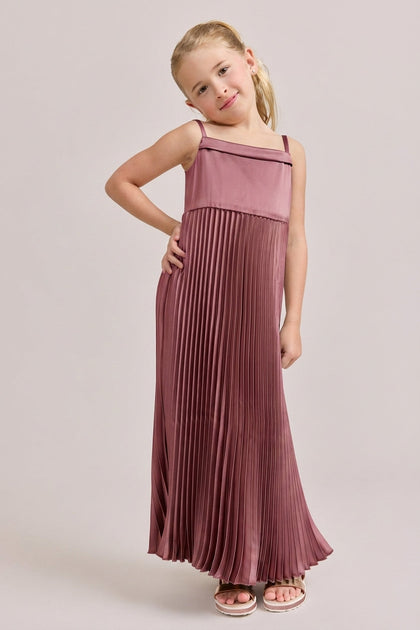 Kids Saylor Satin Pleated Dress | Made To Order | Raspberry