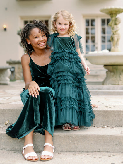  Model: Demi; Size: 4T; Color: Classic Emerald (Pictured with Junior Rory Velvet in Classic Emerald)
