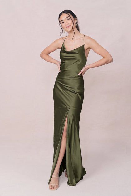 Kimora Satin Dress | Made To Order | Deep Olive