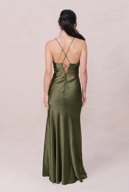 Kimora Satin Dress | Made To Order | Deep Olive