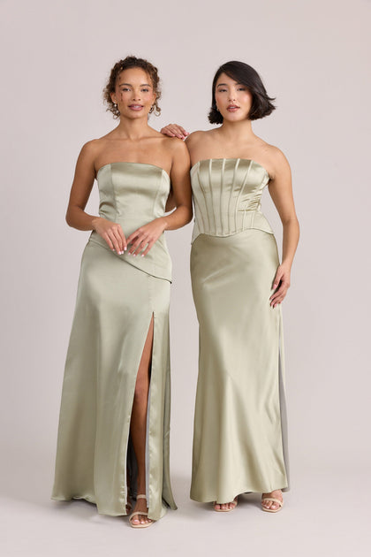 Lennox Satin Dress (L), Marina Satin Dress (R) in Silver Sage