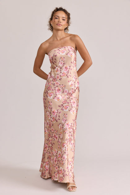 Leo Satin Floral Print Dress | Made To Order | Honey Beige Blossom