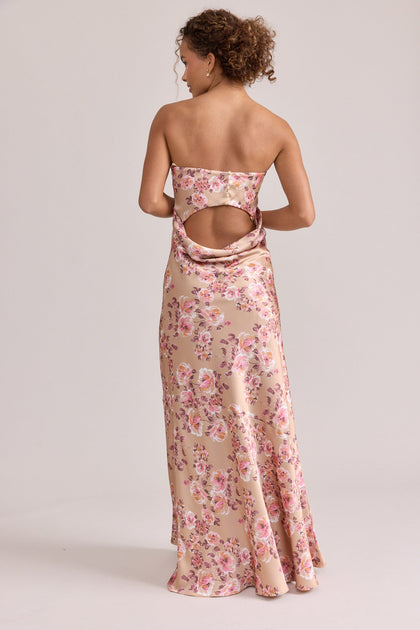 Leo Satin Floral Print Dress | Made To Order | Honey Beige Blossom