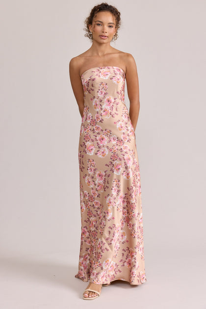 Leo Satin Floral Print Dress | Made To Order | Honey Beige Blossom