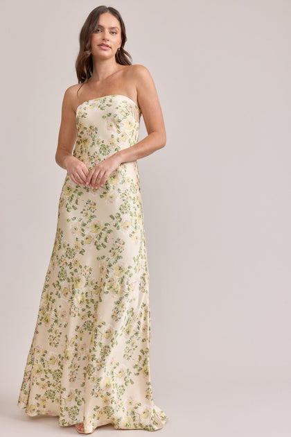 Leo Satin Floral Print Dress | Made To Order | Pale Yellow Blossom