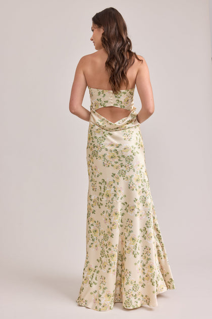 Leo Satin Floral Print Dress | Made To Order | Pale Yellow Blossom