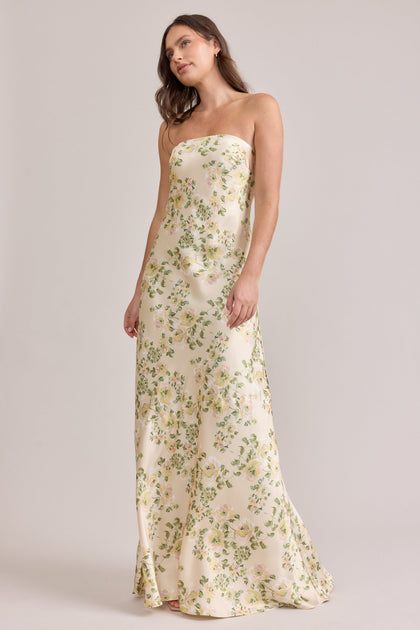 Leo Satin Floral Print Dress | Made To Order | Pale Yellow Blossom