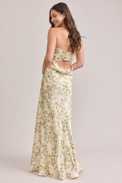 Leo Satin Floral Print Dress | Made To Order | Pale Yellow Blossom