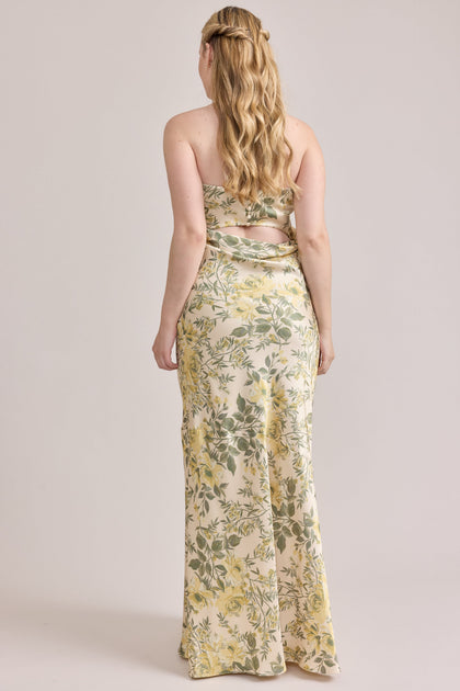 Leo Satin Floral Print Dress | Made To Order | Pale Yellow Meadow Blooms