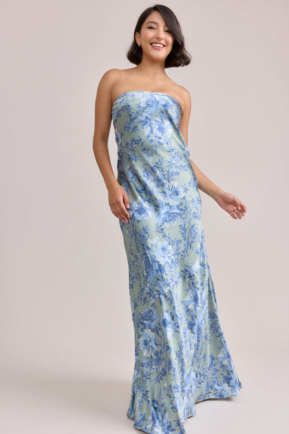 Leo Satin Floral Print Dress | Made To Order | Sage and Sky Blue Meadow Blooms