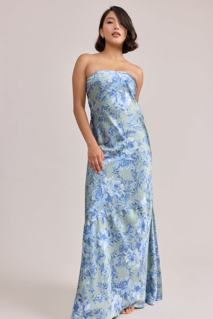 Leo Satin Floral Print Dress | Made To Order | Sage and Sky Blue Meadow Blooms