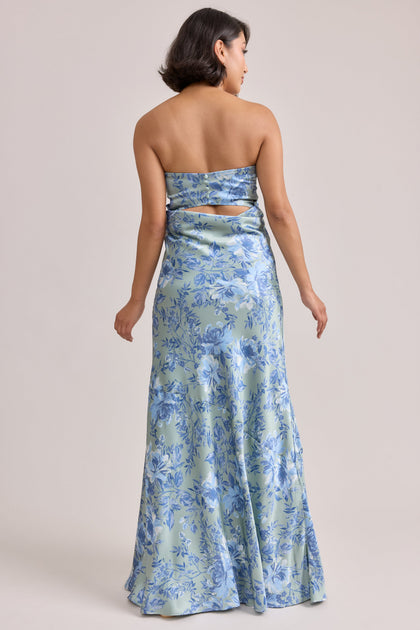 Leo Satin Floral Print Dress | Made To Order | Sage and Sky Blue Meadow Blooms