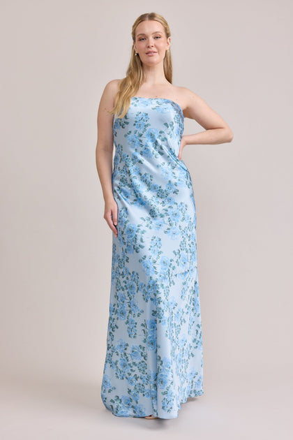 Leo Satin Floral Print Dress | Made To Order | Sky Blue Blossom