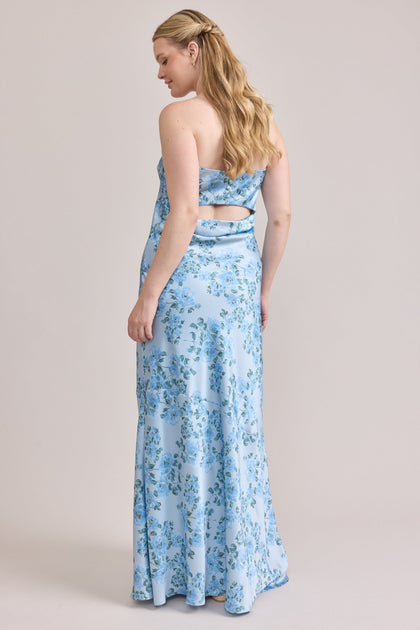 Leo Satin Floral Print Dress | Made To Order | Sky Blue Blossom