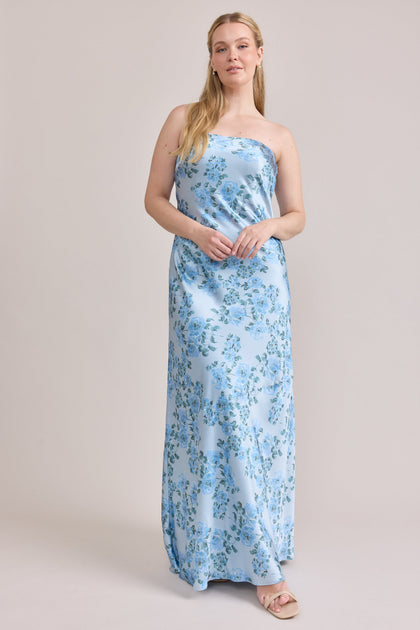 Leo Satin Floral Print Dress | Made To Order | Sky Blue Blossom