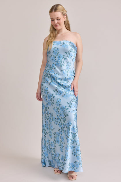 Leo Satin Floral Print Dress | Made To Order | Sky Blue Blossom