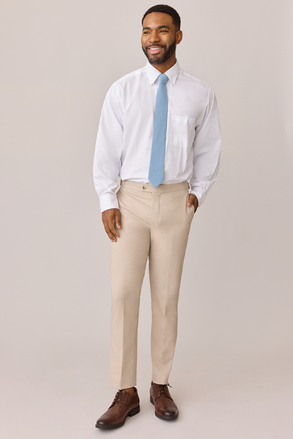 Model: Colin; Size: Slim 32/31. Pictured with French Blue Chiffon Tie