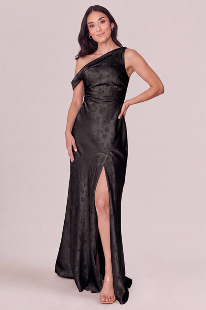 Livvy Satin Jacquard Dress | Black