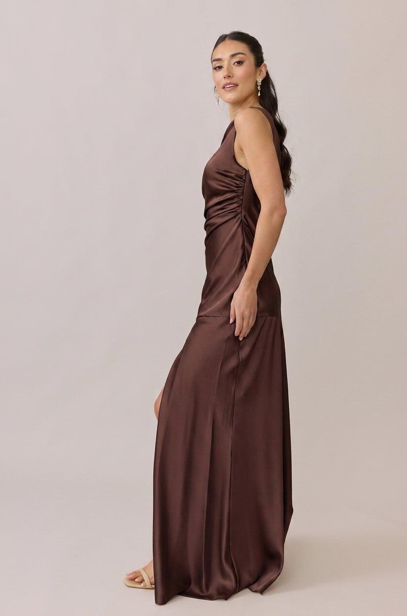 mahogany bridesmaid dress Flowy Satin V-neckline A-line Burgundy Bridesmaids or Evening Gown BD1   Sparkly Gowns