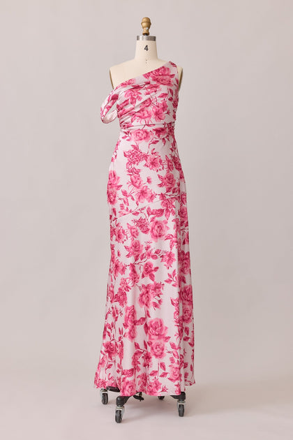Livvy Satin Floral Print Dress | Made To Order | Hot Pink Garden
