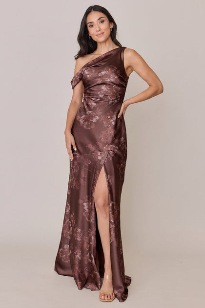Livvy Satin Floral Print Dress | Made To Order | Mahogany Blooms