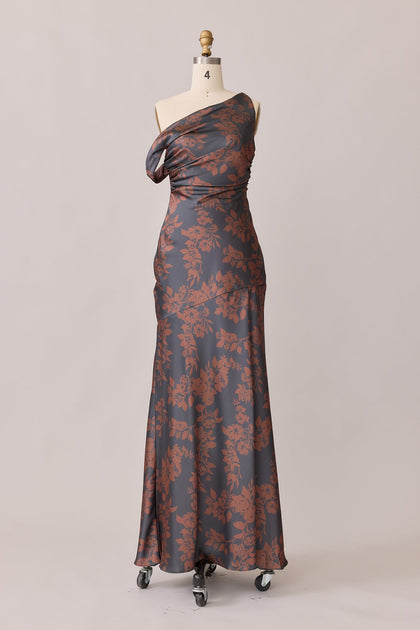 Livvy Satin Floral Print Dress | Made To Order | Mahogany Bouquet