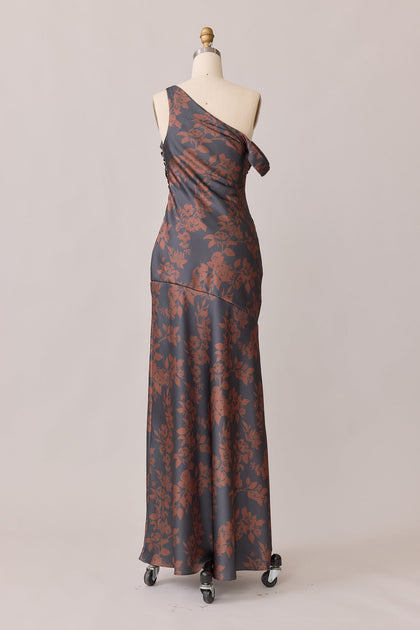 Livvy Satin Floral Print Dress | Made To Order | Mahogany Bouquet