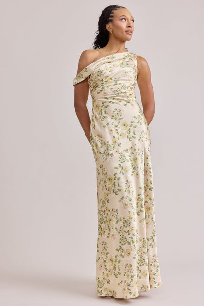 Livvy Satin Floral Print Dress | Made To Order | Pale Yellow Blossom