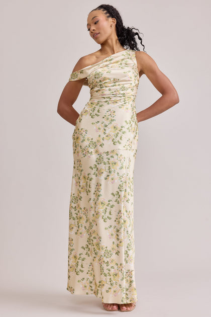 Livvy Satin Floral Print Dress | Made To Order | Pale Yellow Blossom