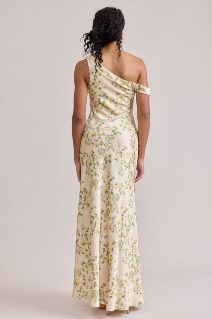 Livvy Satin Floral Print Dress | Made To Order | Pale Yellow Blossom