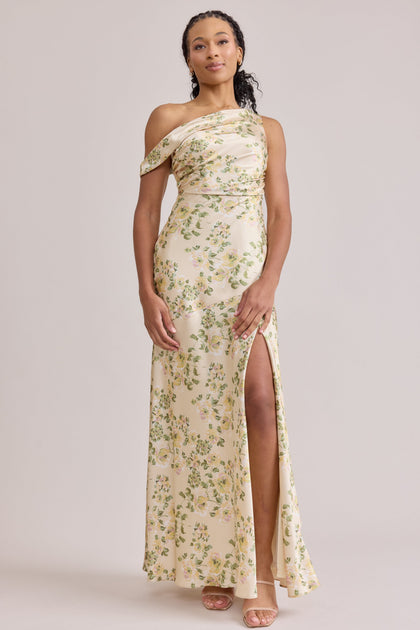 Livvy Satin Floral Print Dress | Made To Order | Pale Yellow Blossom