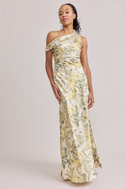 Livvy Satin Floral Print Dress | Made To Order | Pale Yellow Meadow Blooms