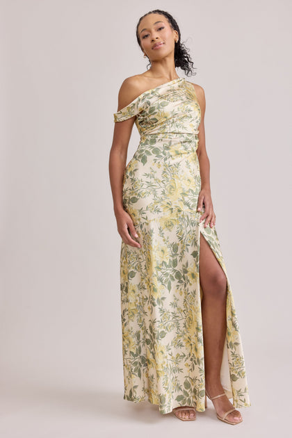 Livvy Satin Floral Print Dress | Made To Order | Pale Yellow Meadow Blooms