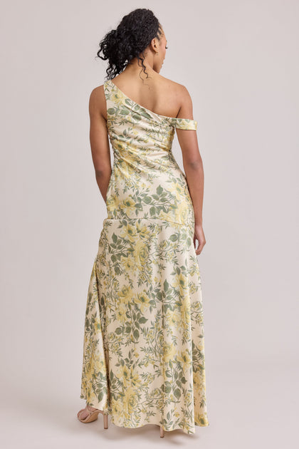 Livvy Satin Floral Print Dress | Made To Order | Pale Yellow Meadow Blooms