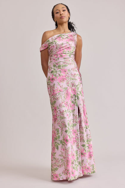 Livvy Satin Floral Print Dress | Made To Order | Perfect Pink Meadow Blooms